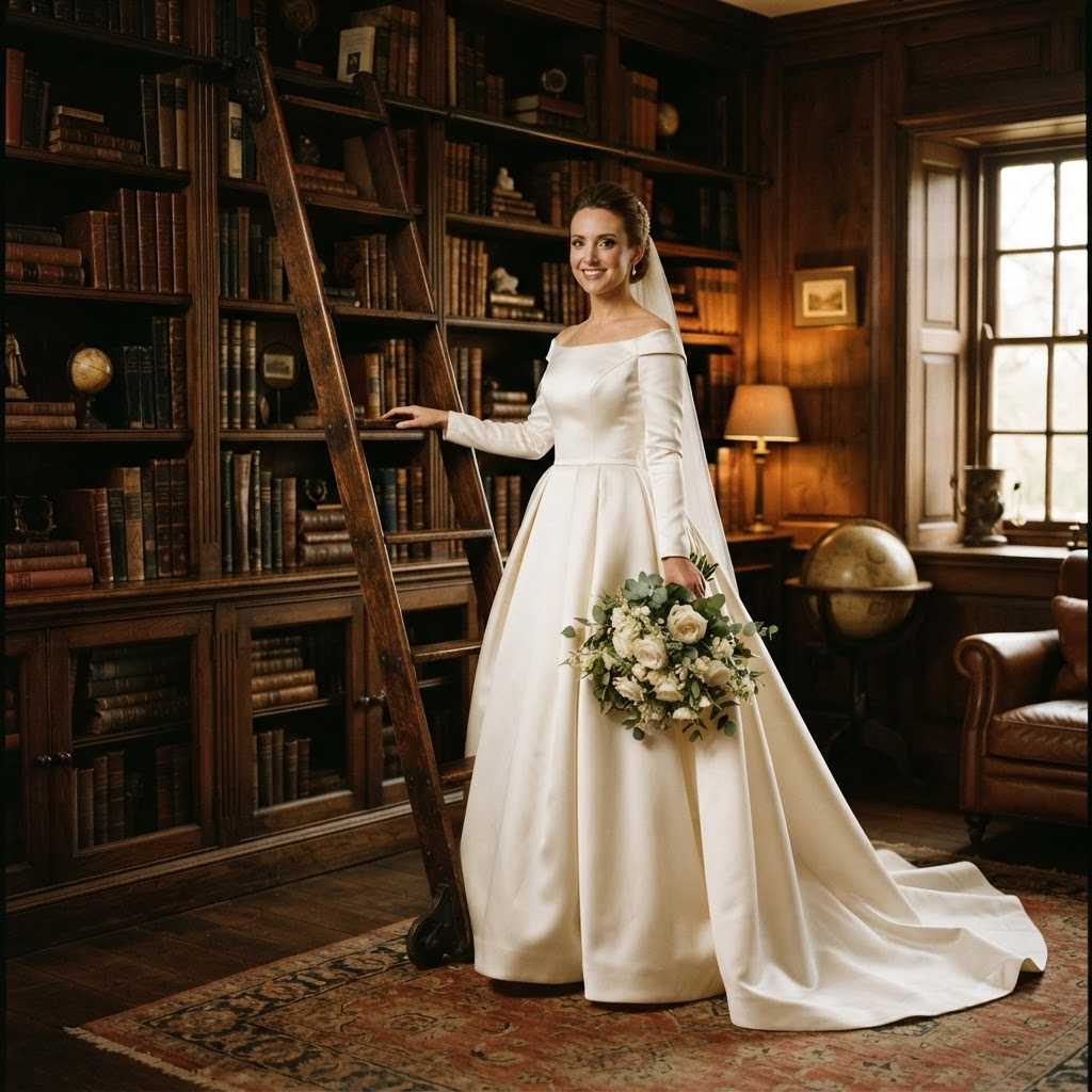 Bride in an ivory satin gown beside a library ladder