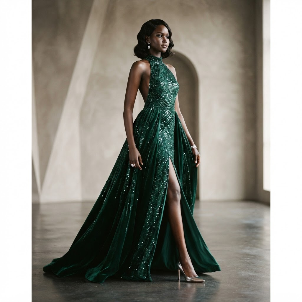 Model in a glamorous jewel-tone evening gown
