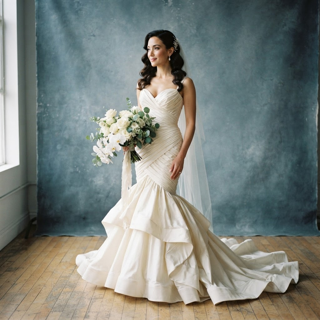 Bride in a fitted ivory mermaid gown