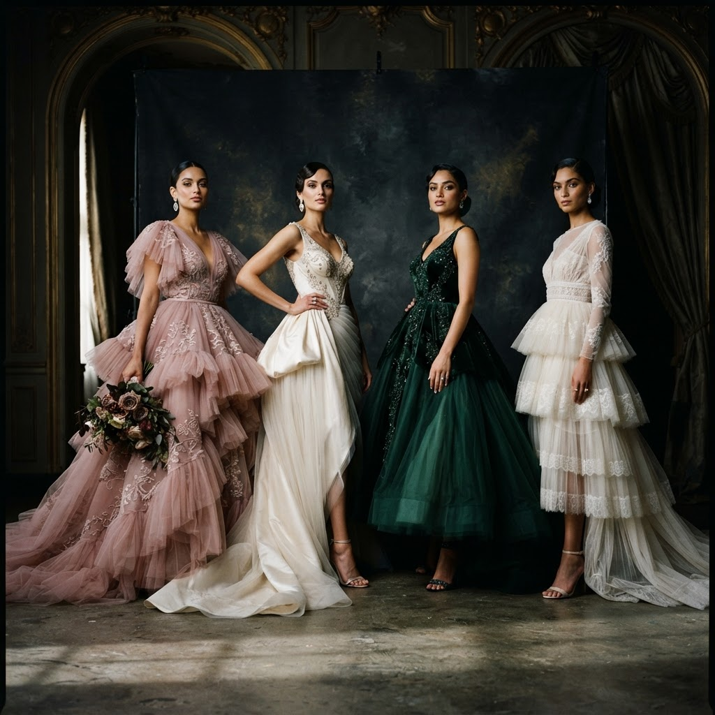 Models in couture gowns against a dramatic dark backdrop