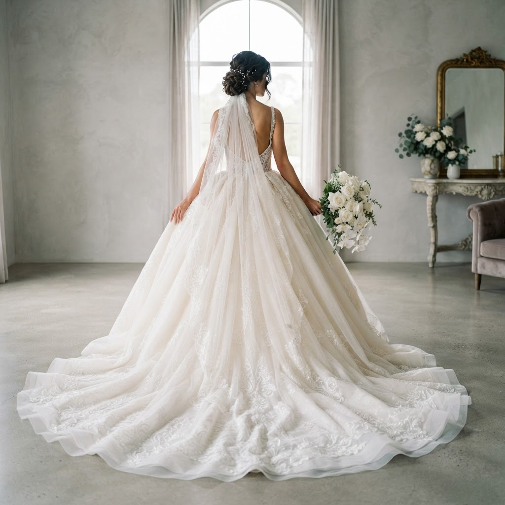 Bride in a ball gown with cathedral train