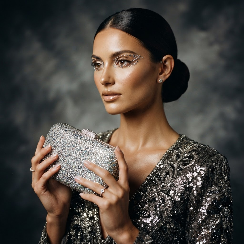 Model with crystal embellishments holding a jeweled clutch